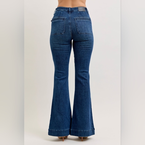 Judy Blue HR Dark Wash Classic Flare Jeans Welt Pockets Trouser Various NEW - Picture 8 of 9